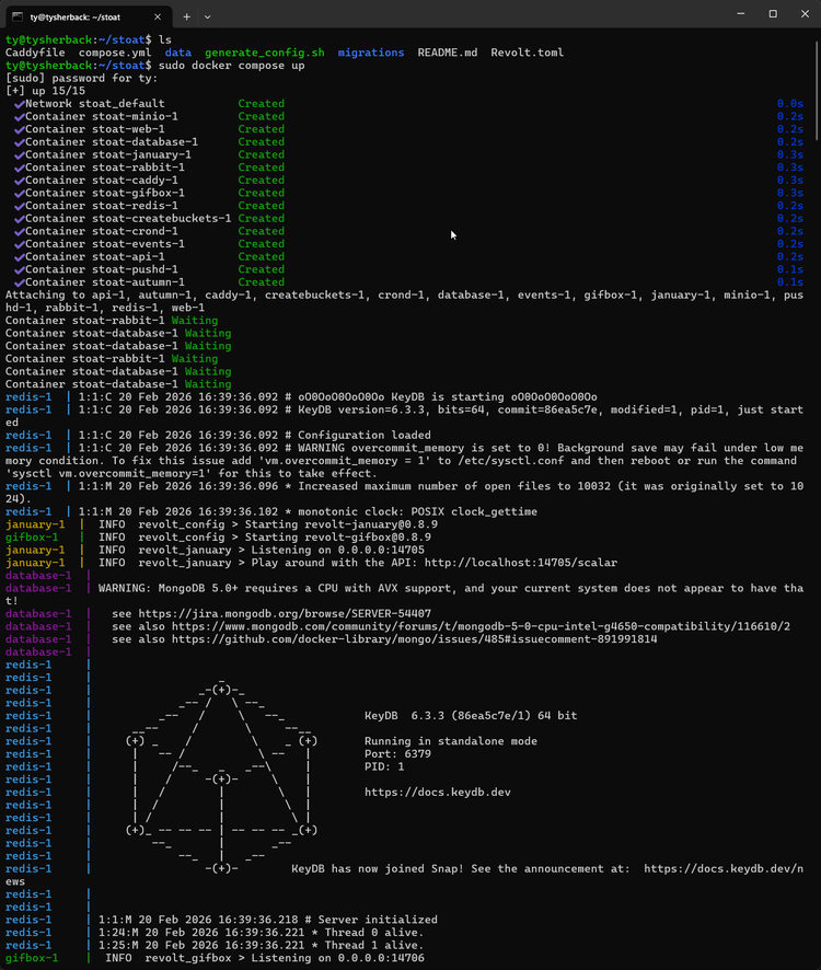 Una captura de pantalla de una terminal que muestra el proceso de inicio de Stoat