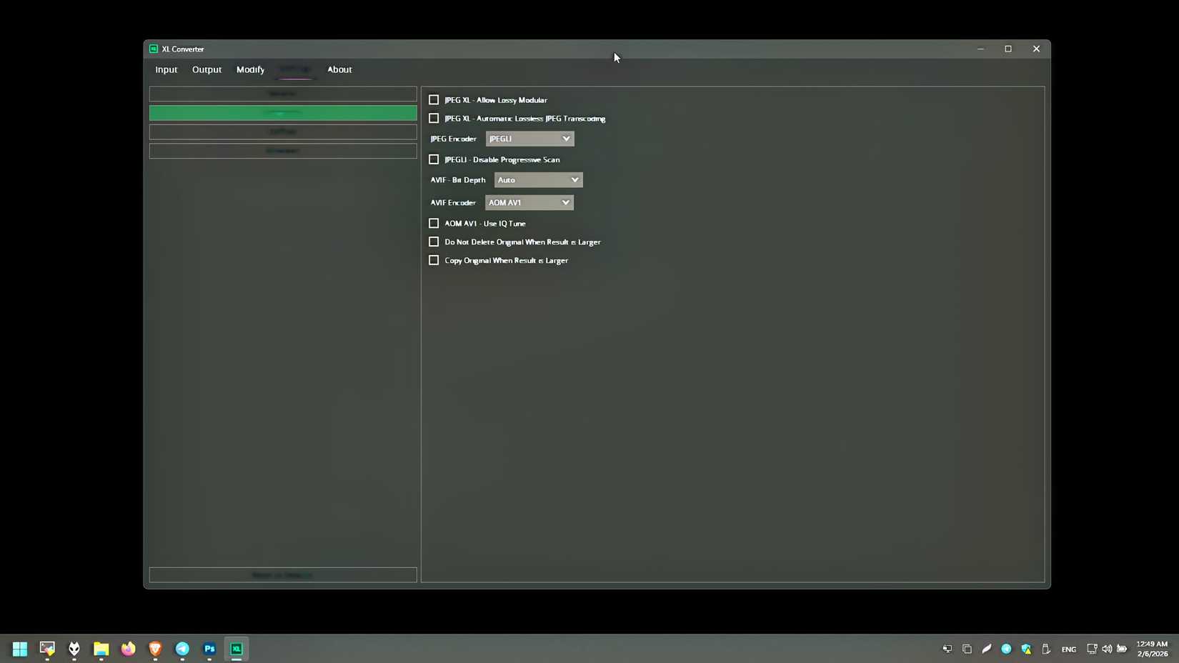 configuración de conversión dentro del programa XL Converter