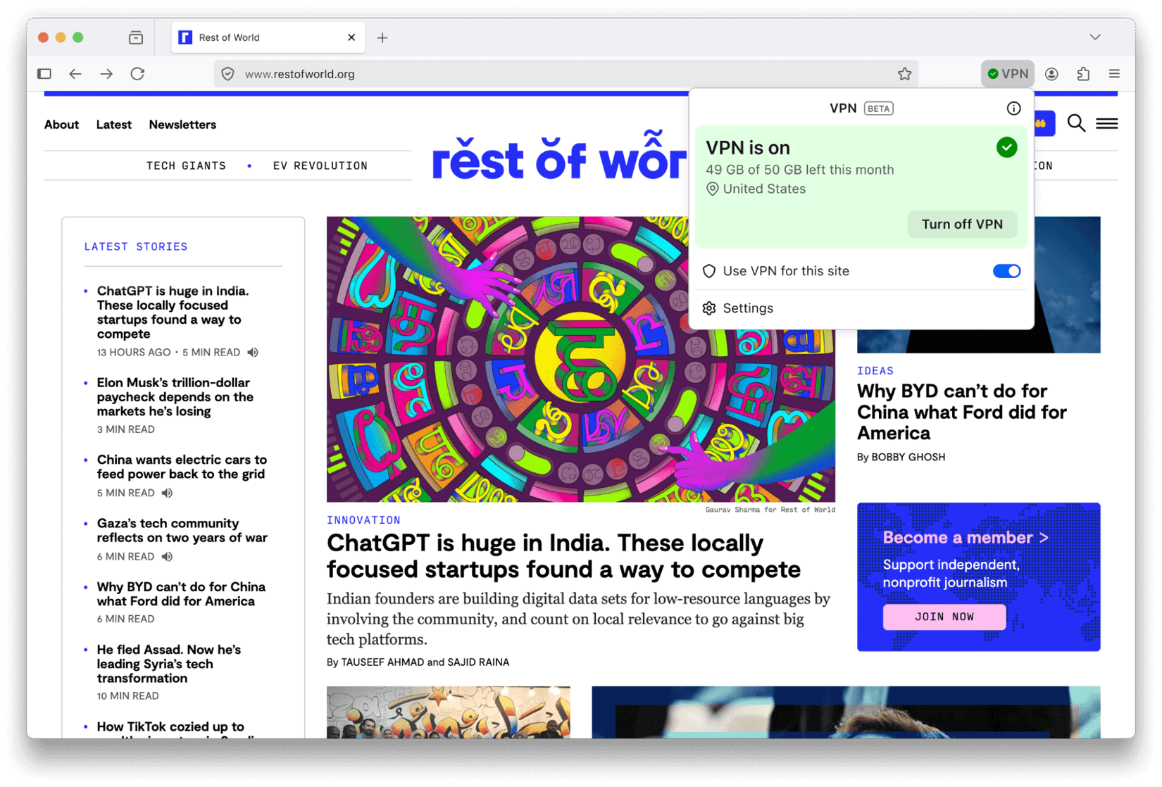 VPN for Firefox in action