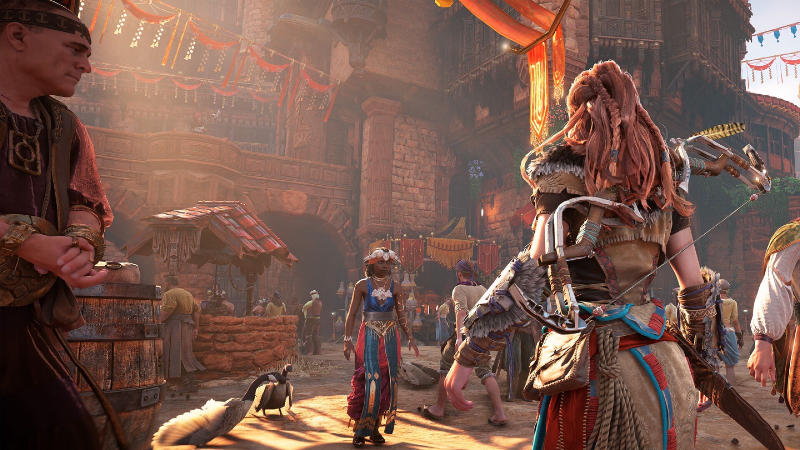 Aloy in a marketplace in Horizon Zero Dawn Remastered.