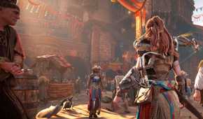 Aloy in a marketplace in Horizon Zero Dawn Remastered.
