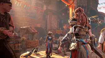 Aloy in a marketplace in Horizon Zero Dawn Remastered.