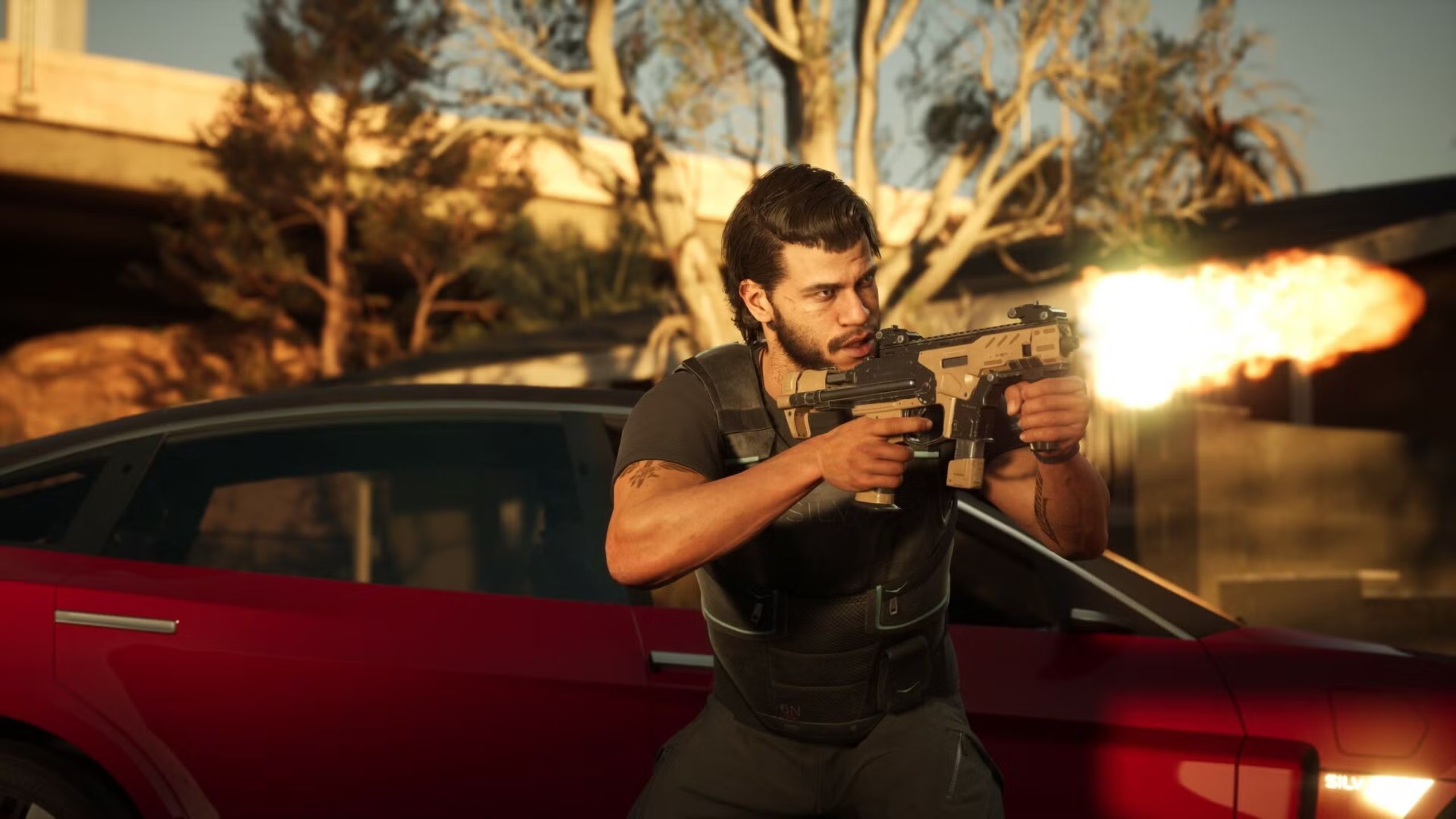The protagonist shooting while stepping outside of a car in Mindseye.