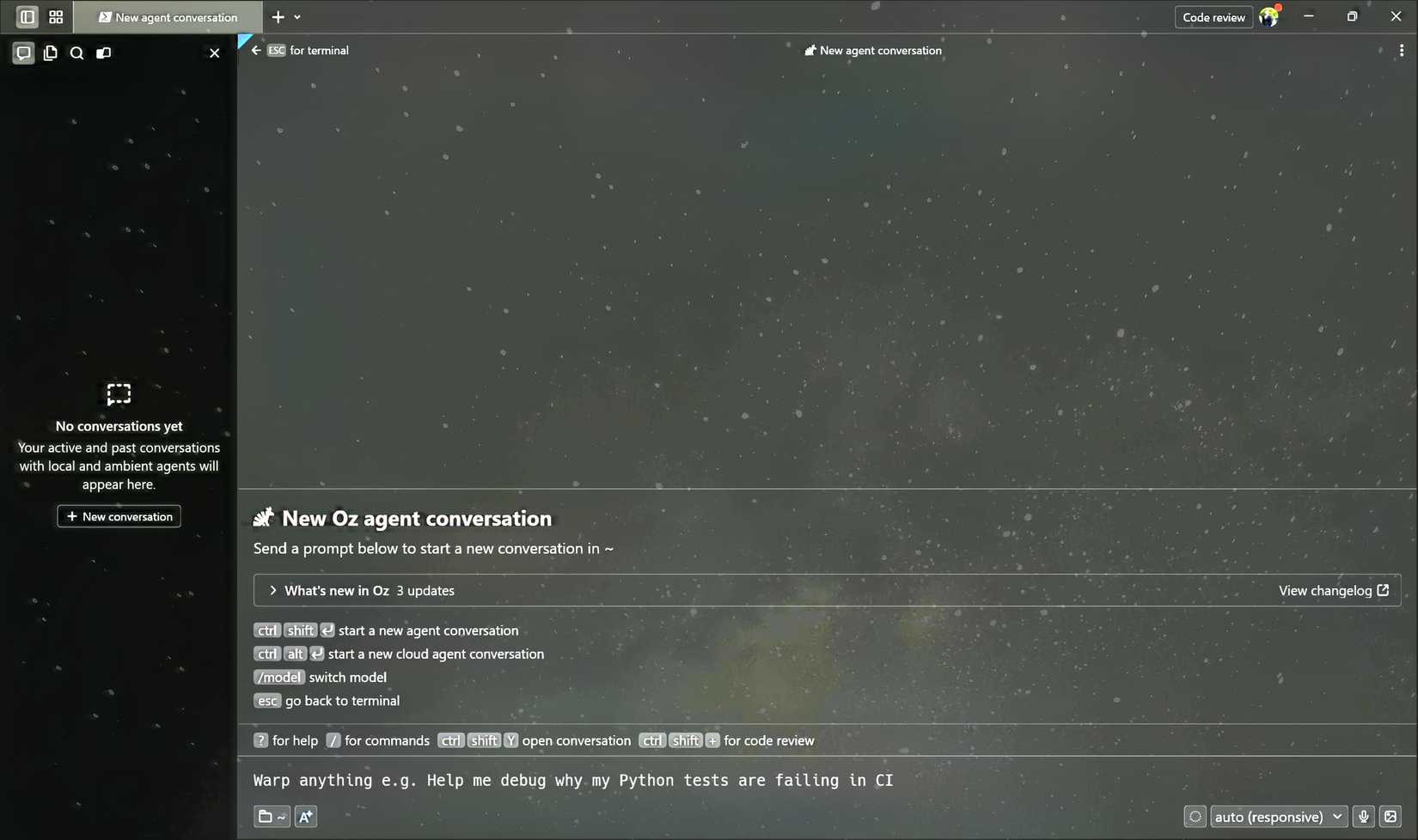 A new Warp agent window