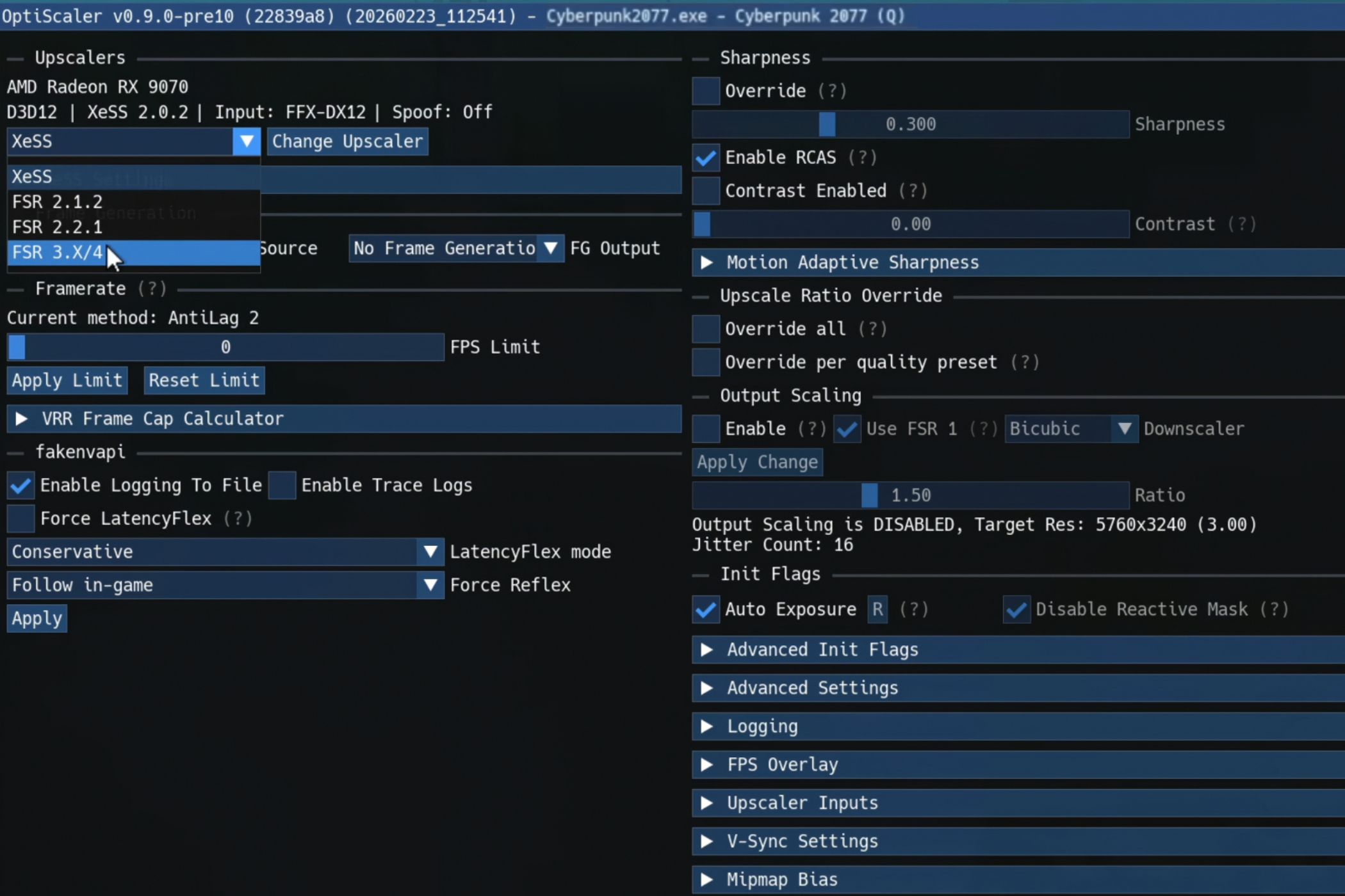 Selecting FSR 4 in Optiscaler.