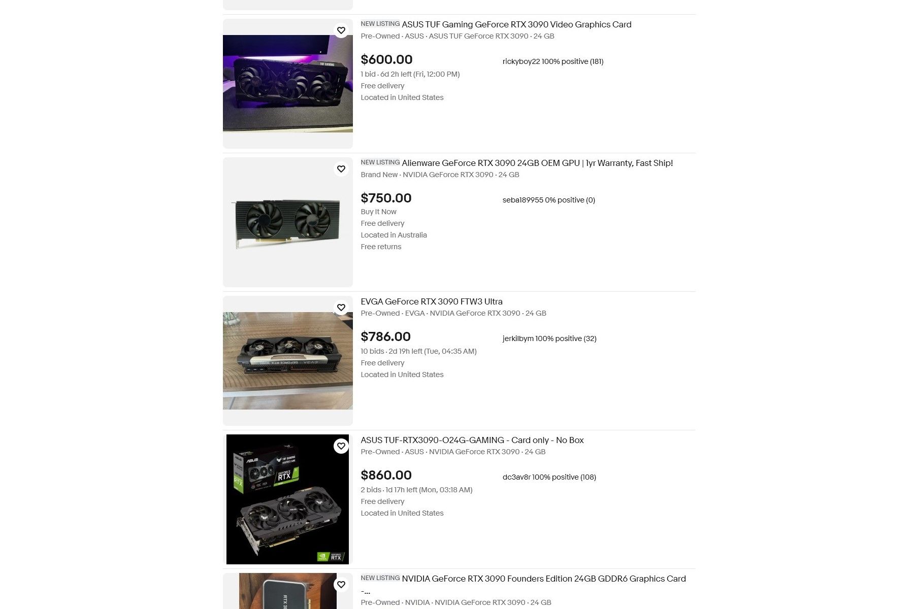 Screenshot of RTX 3090 listings on eBay