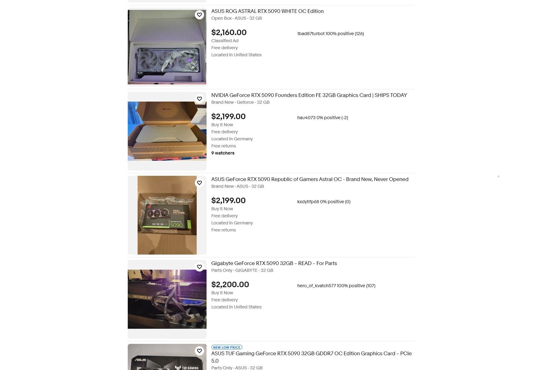 Screenshot of RTX 5090 listings on eBay