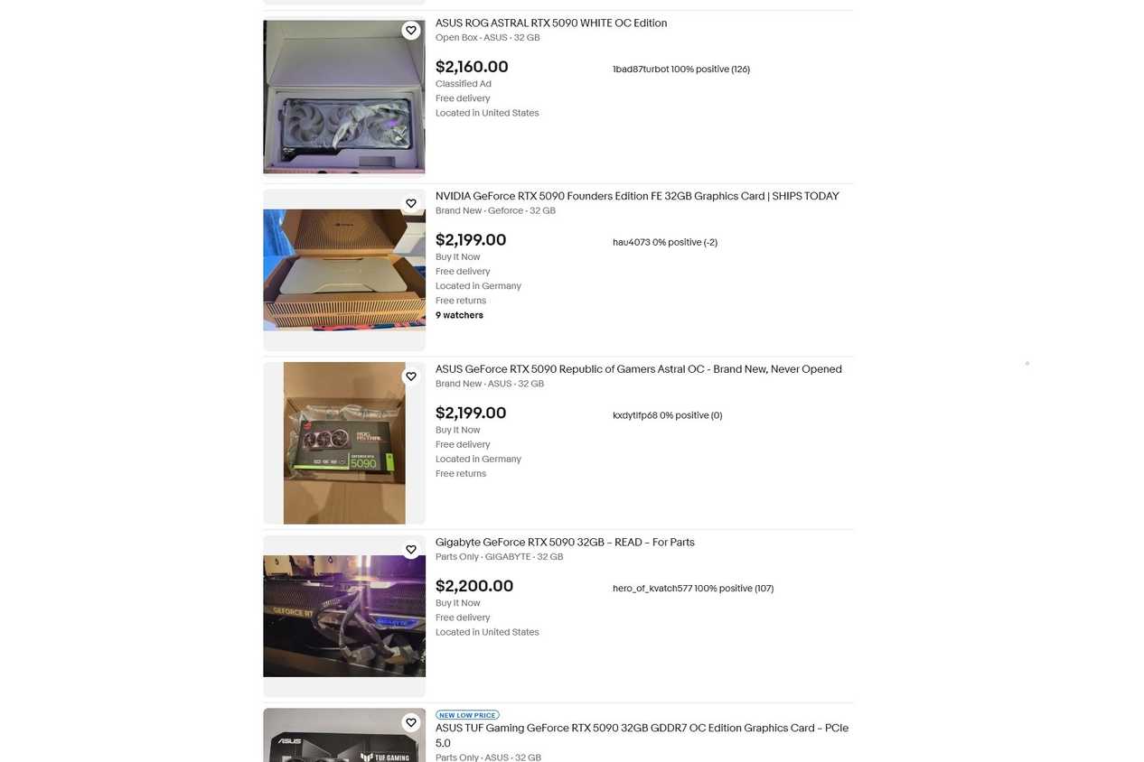 Screenshot of RTX 5090 listings on eBay