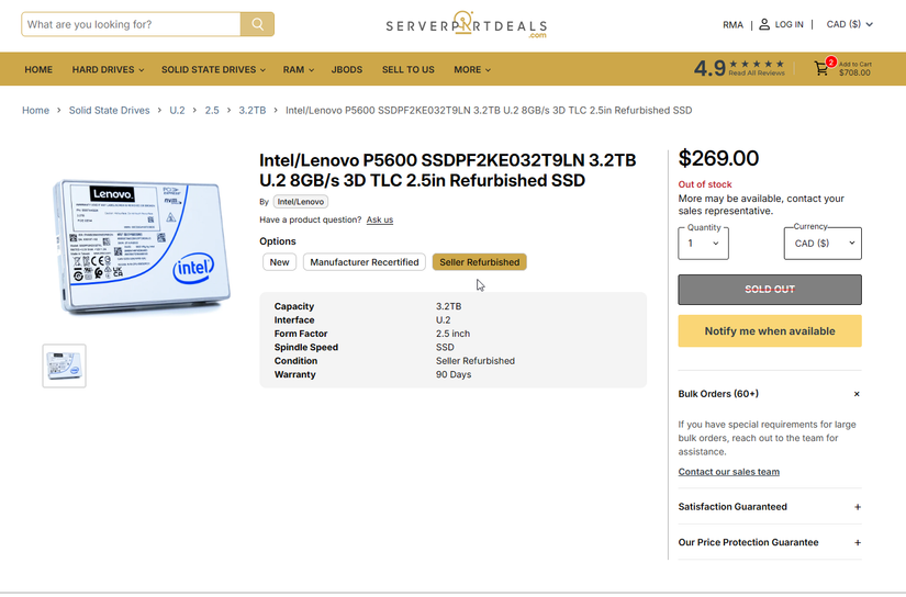 a screenshot of a u.2 ssd on serverpartdeals