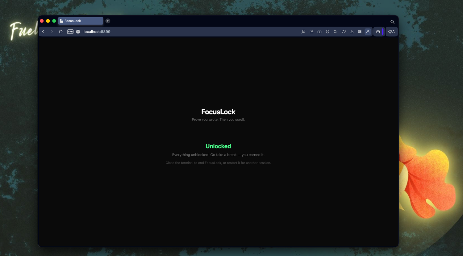 browser window showing focuslock application with unlocked status message on dark background