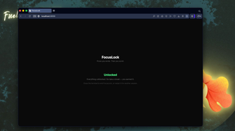 browser window showing focuslock application with unlocked status message on dark background