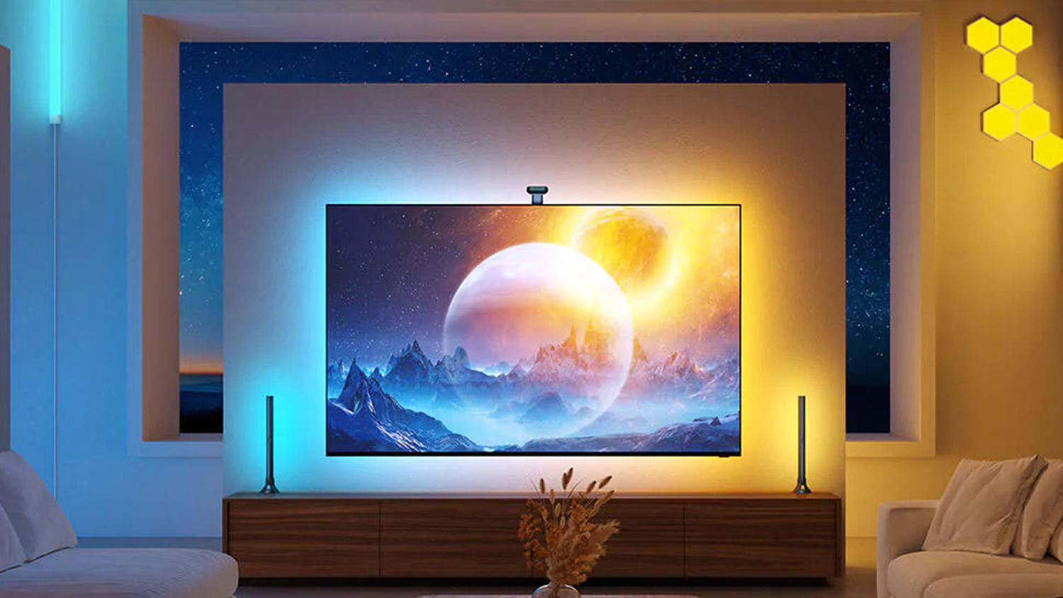 Govee backlit TV showing blue and yellow room