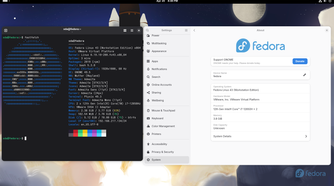 A screenshot in Fedora Linux showing the settings page and command terminal