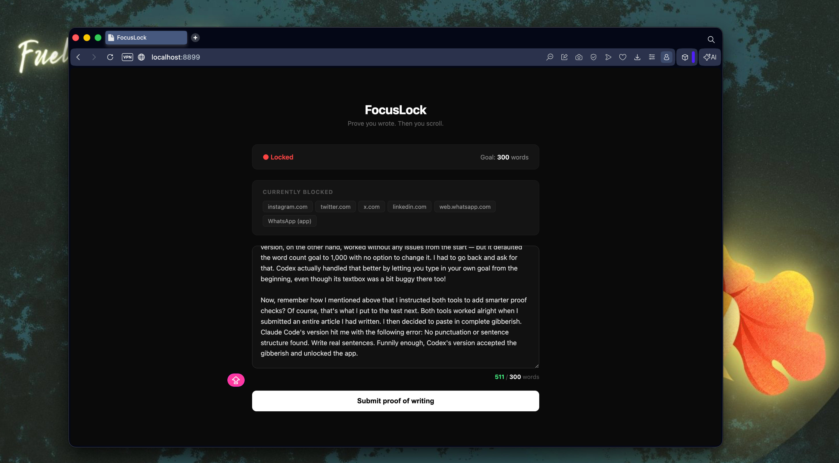 focuslock website displayed in browser window showing locked content with submit proof of writing button