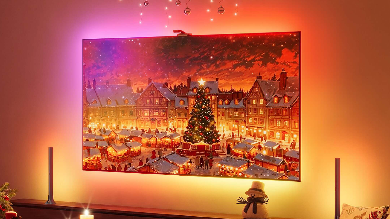 Govee backlit TV showing christmas themed room