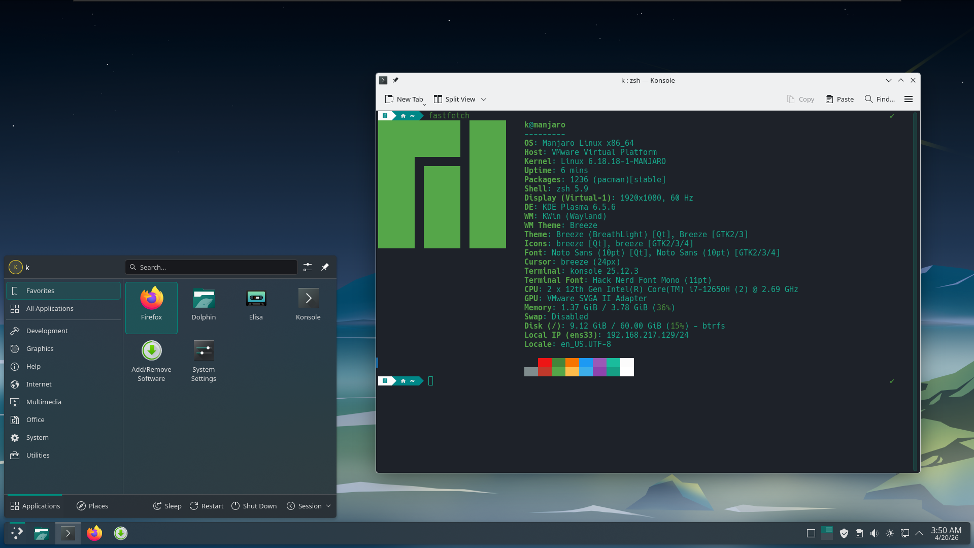 A screenshot in Manjaro Linux showing the app launcher and terminal window