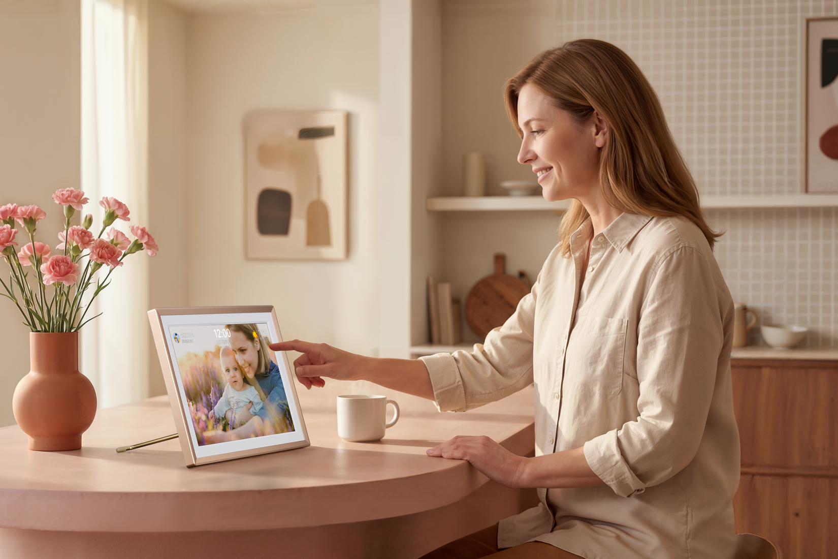 Person looking at an Arzopa D14 photo frame sitting on a table.