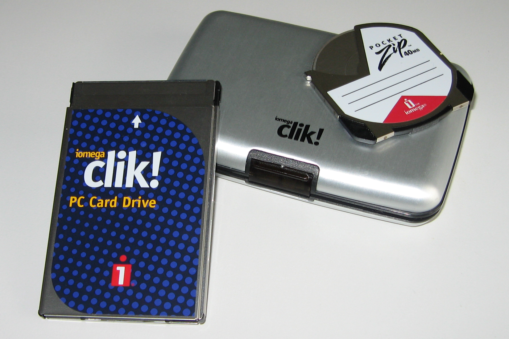 A Clik! PC card drive with a PocketZip disk