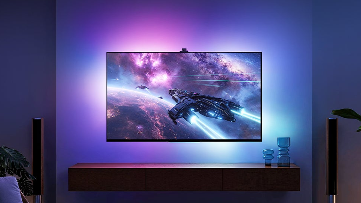 Govee backlit TV showing sync lighting in purple and blue