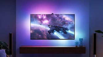 Govee backlit TV showing sync lighting in purple and blue