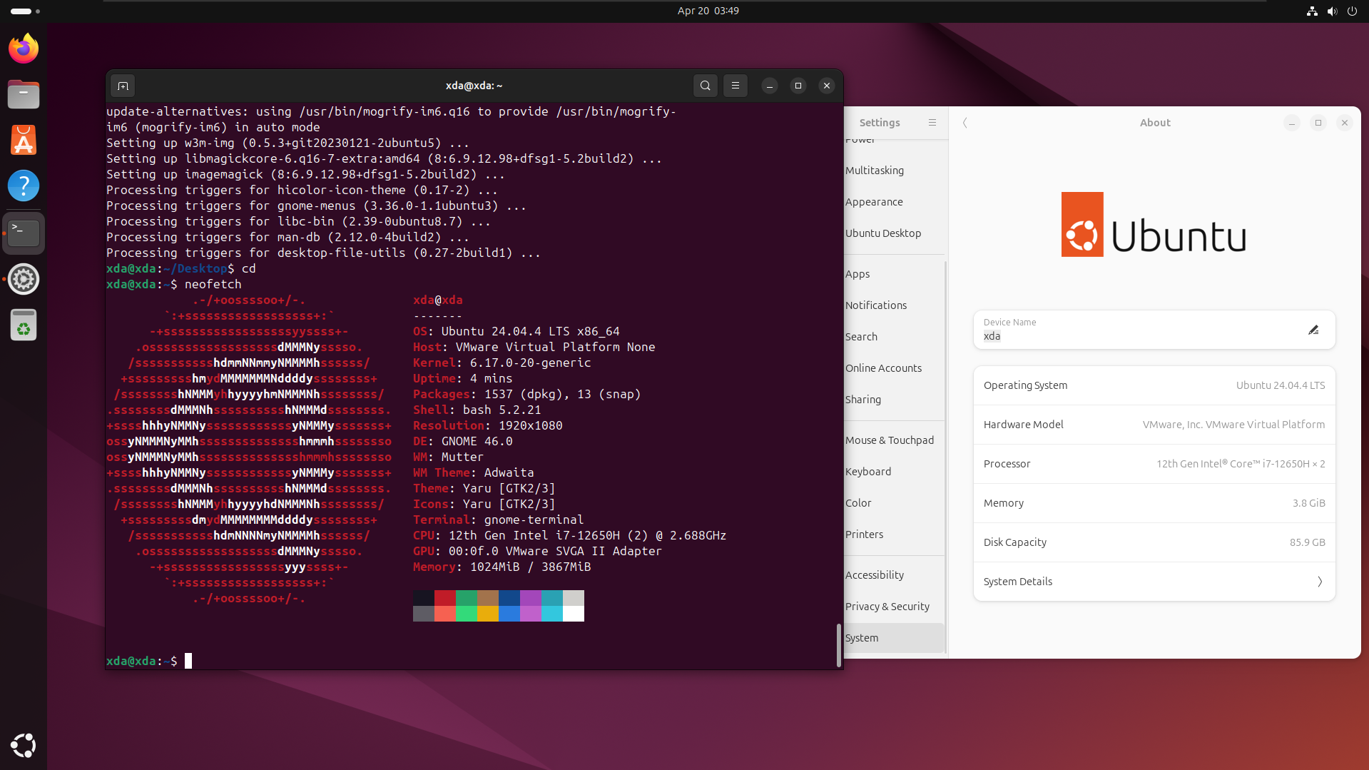 A screenshot in Ubuntu Linux showing Settings menu and Terminal