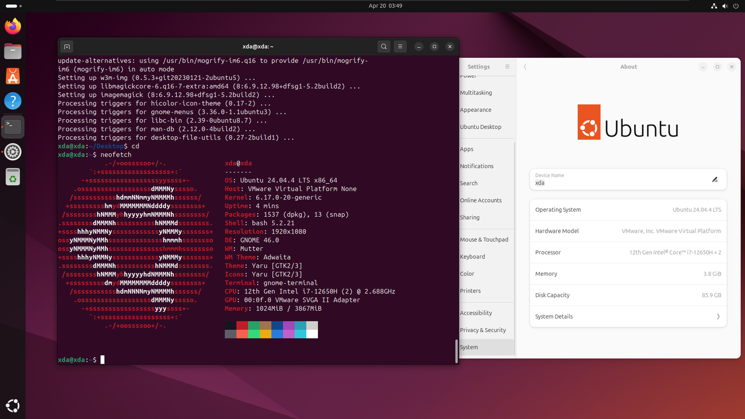 A screenshot in Ubuntu Linux showing Settings menu and Terminal