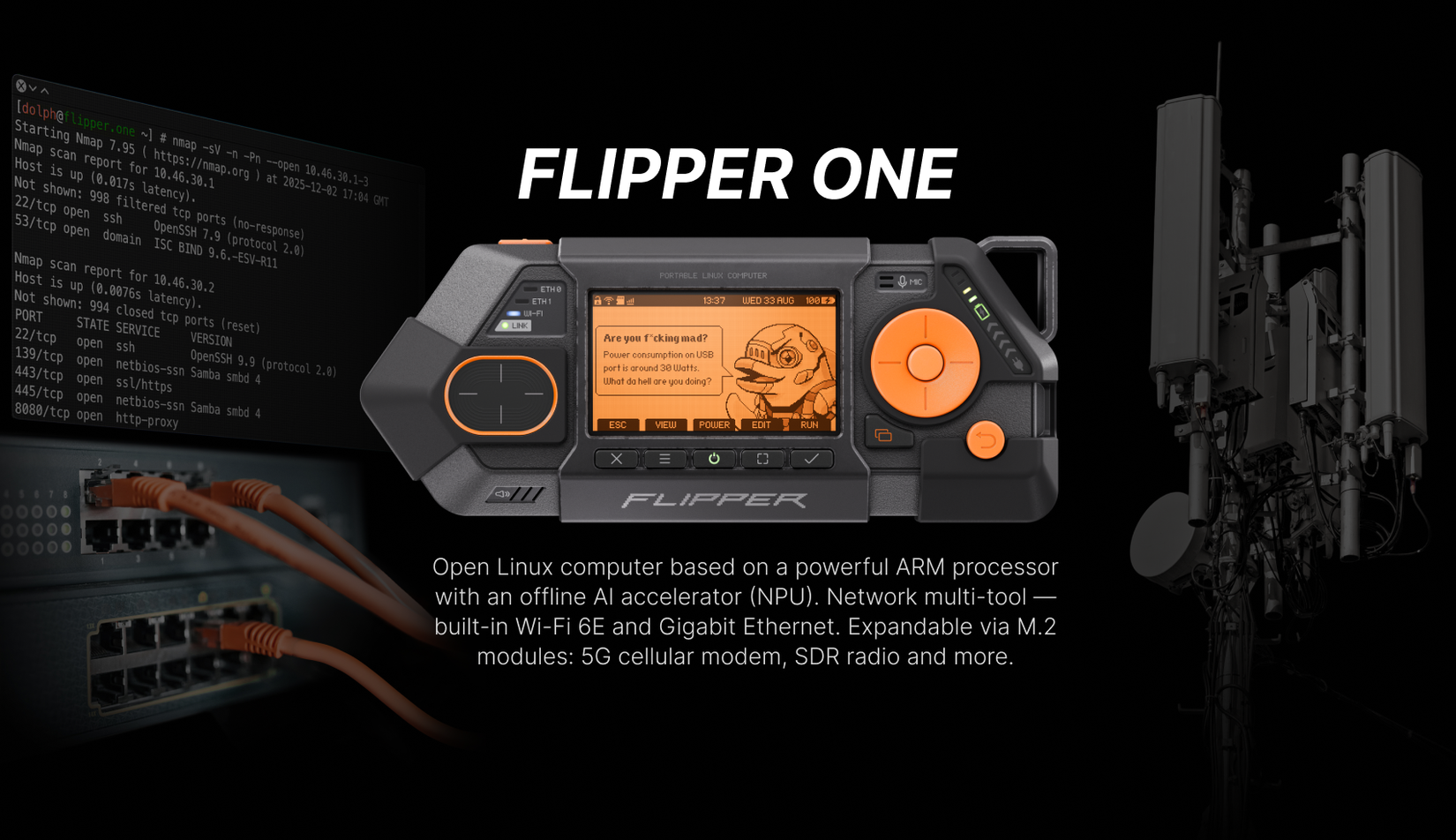 Informazioni sul Flipper One, che mostrano come si tratti di un computer Linux open source con capacità di rete.