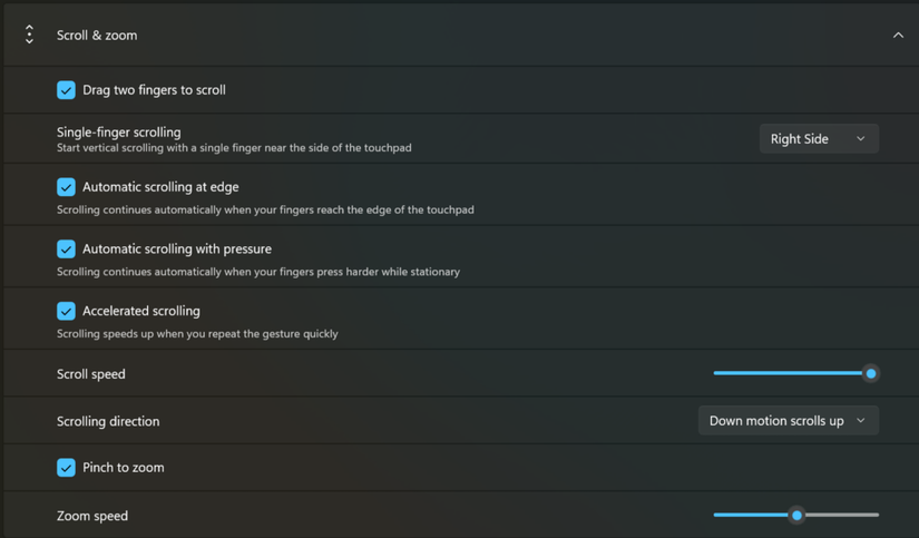 The new Touchpad options in the Experimental branch