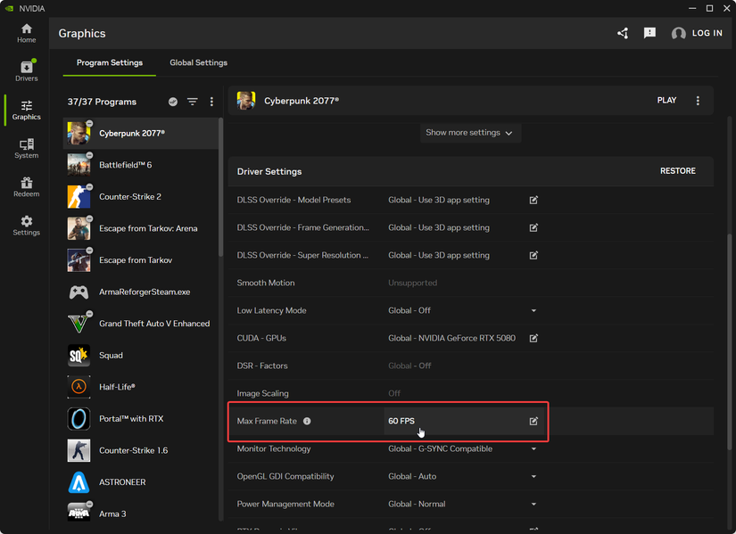 A screenshot of the Nvidia app showing where the Max Frame Rate setting is