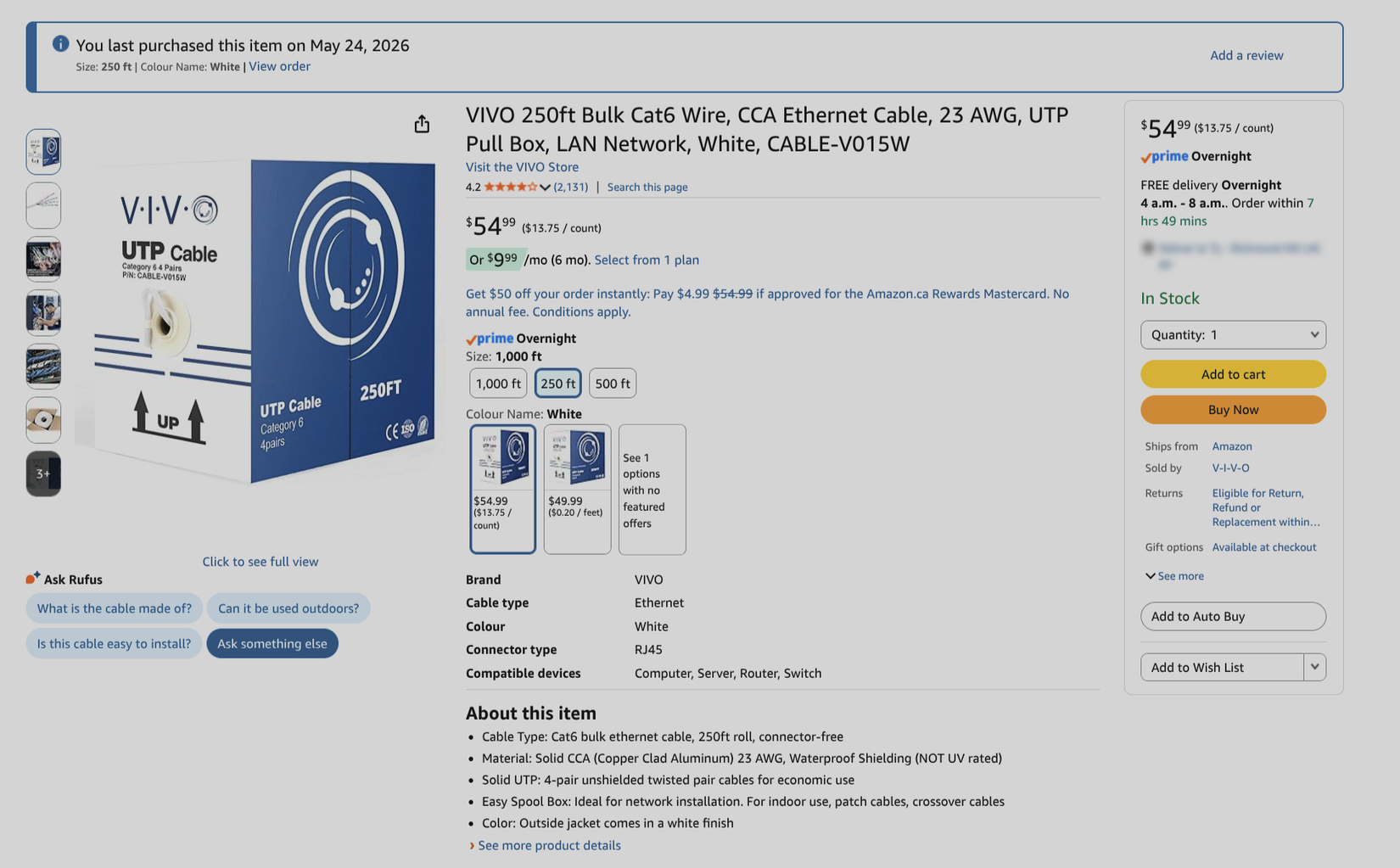 An Amazon listing for 250ft cat6 cca cable