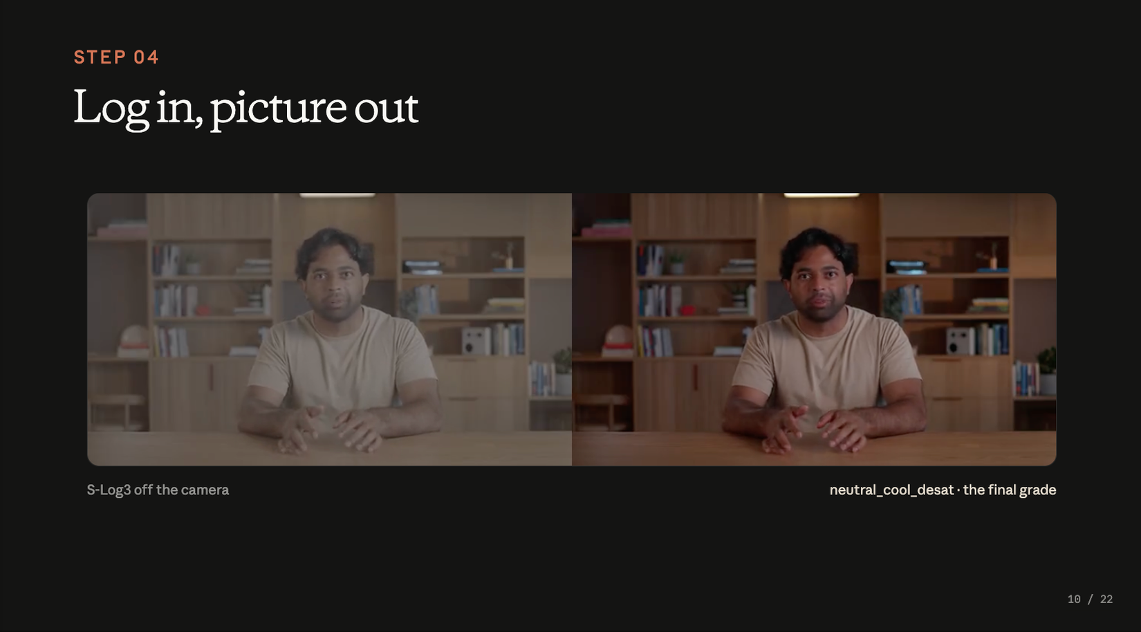 Log in, picture out — flat S-Log3 vs final neutral_cool_desat grade