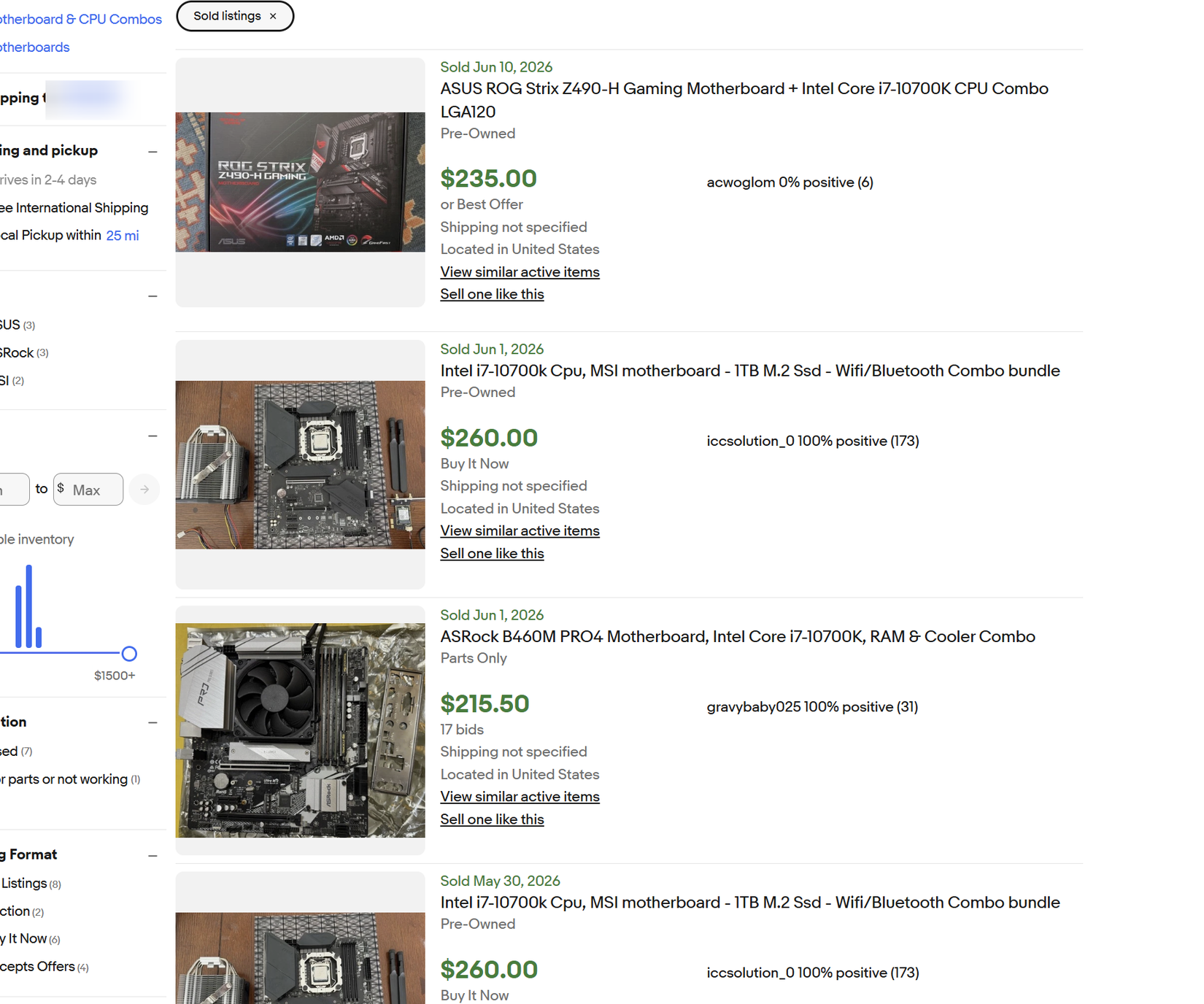 Listings on ebay of motherboard, cpu and ram combos