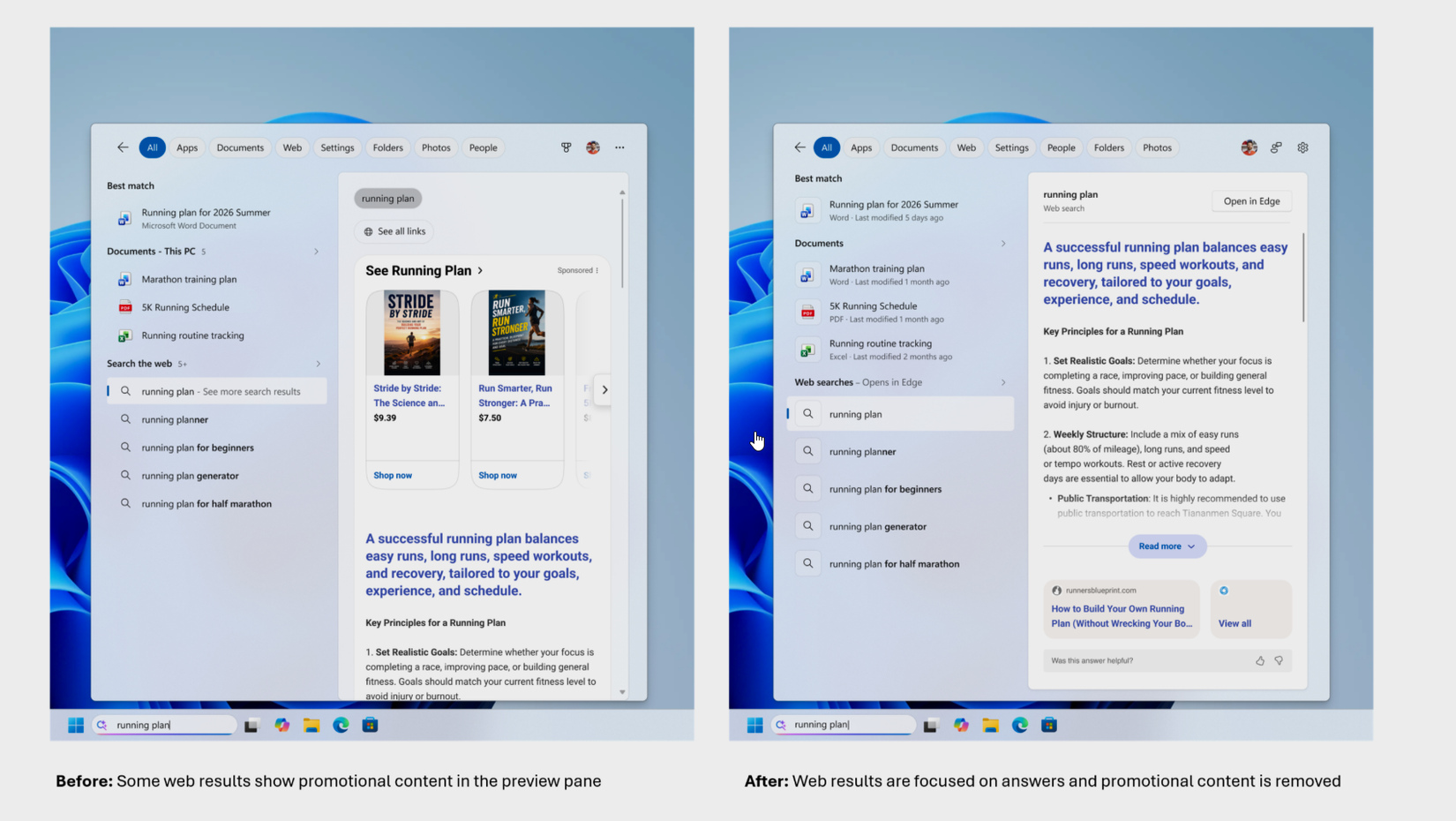 a comparison showing web-search improvement in windows 11