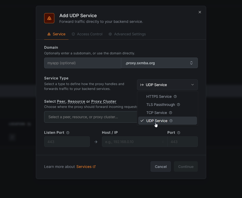 A menu showing how to add a UDP service to the netbird reverse proxy