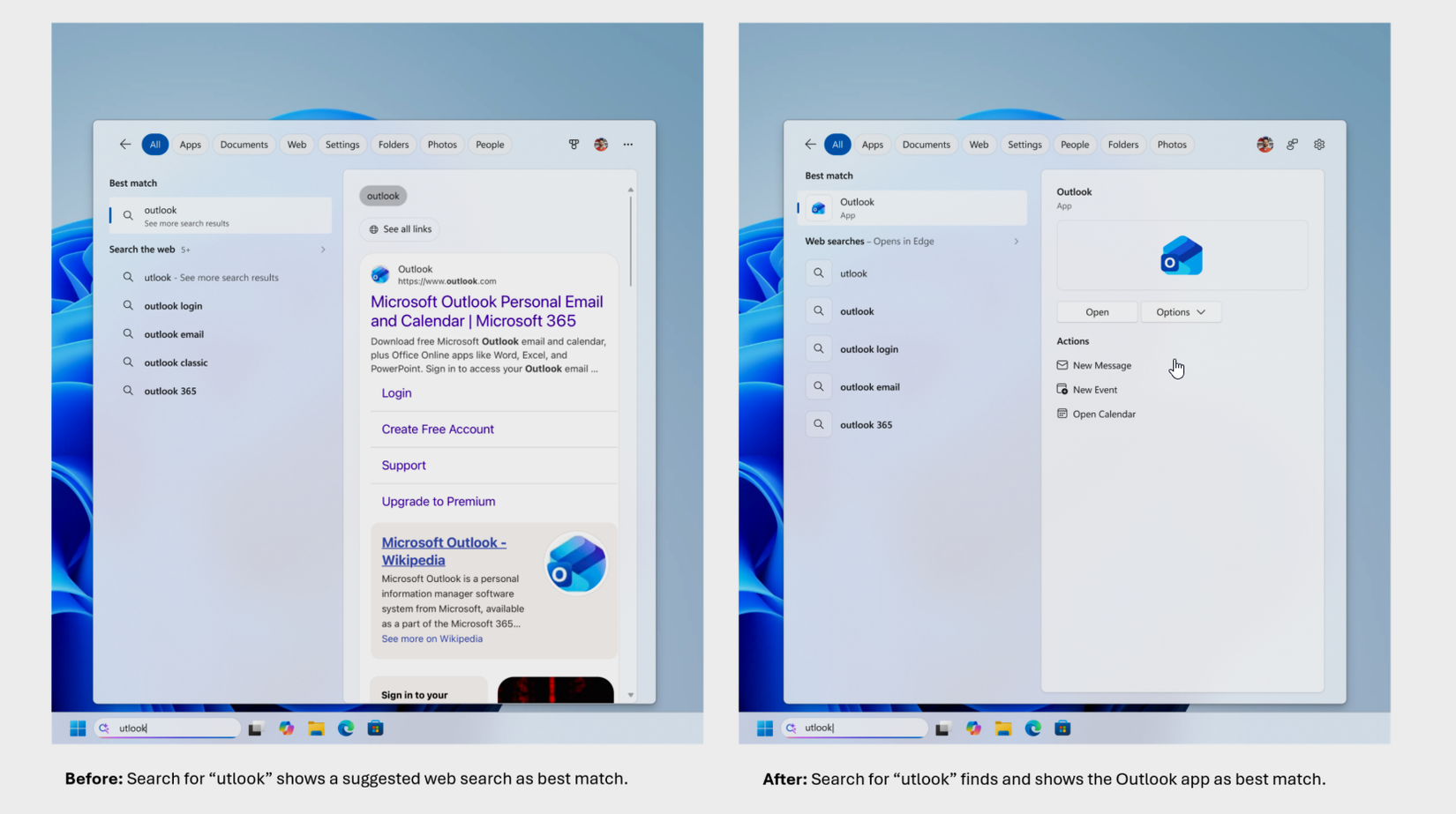 showcase of the typo mangement in windows 11 search