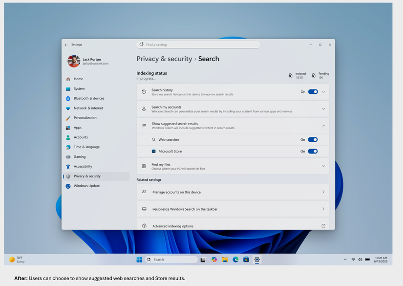A toggle for web search and store search in Windows 11 Insider
