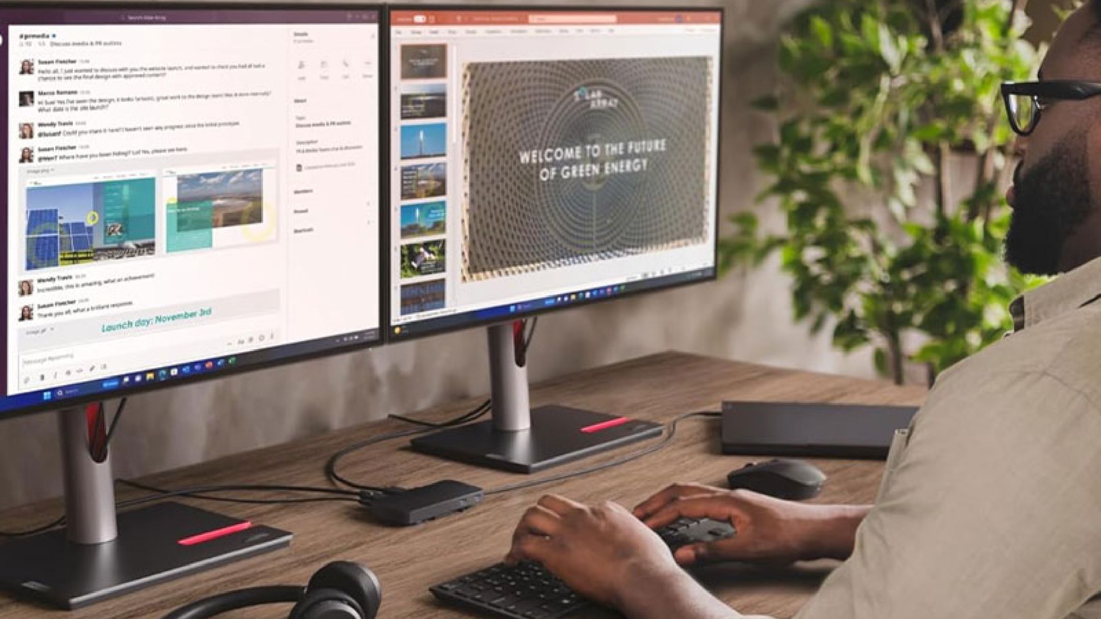 Lenovo USB-C Dual Display Travel Dock on desk plugged into monitors and laptop