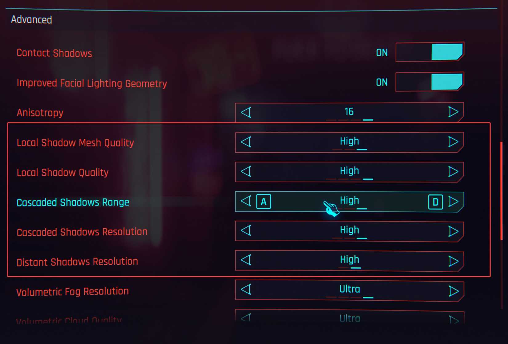 Shadow settings in Cyberpunk