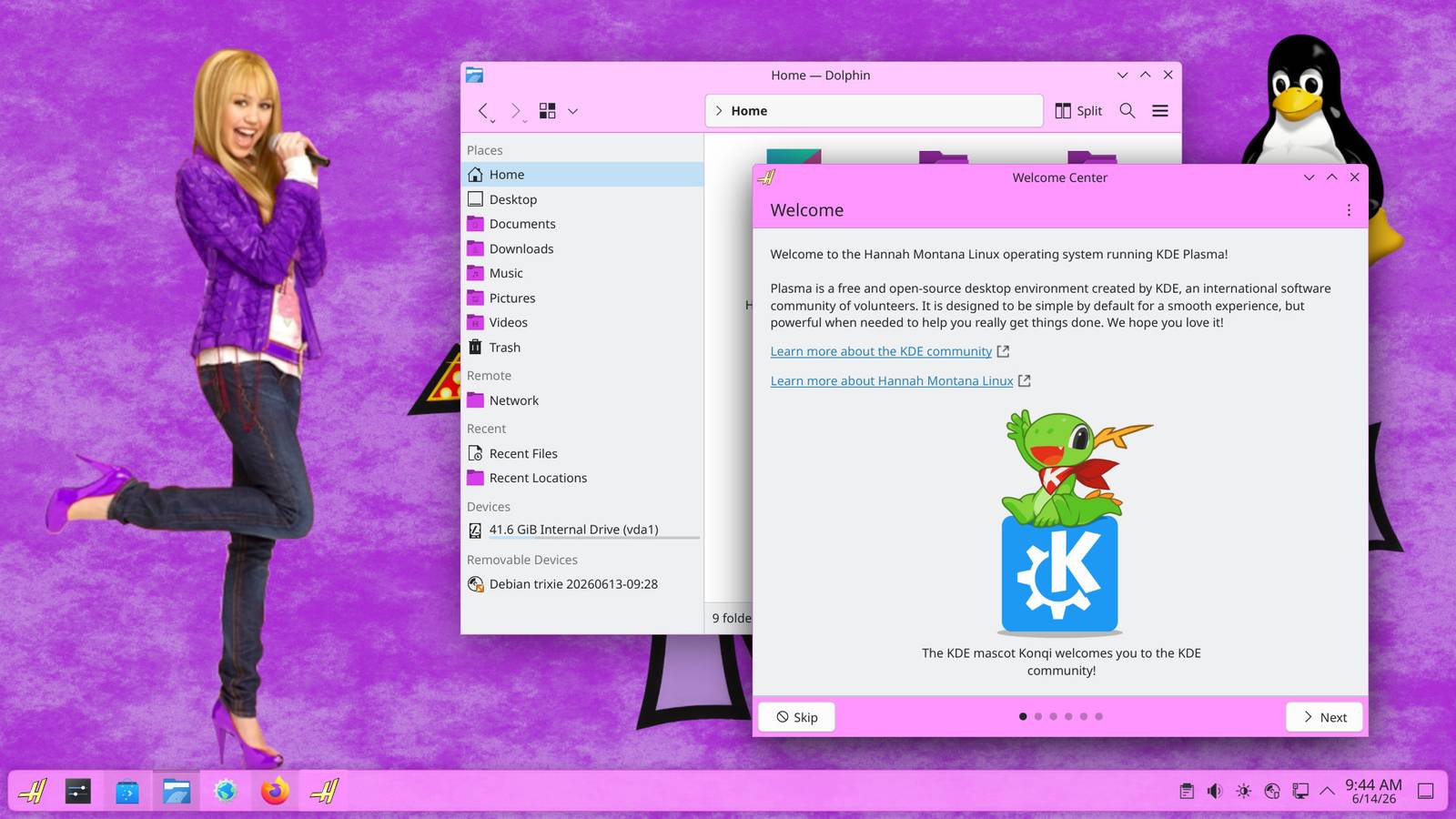 A brand-new release of Hannah Montana Linux features a KDE Plasma 6 base and a lot of pink