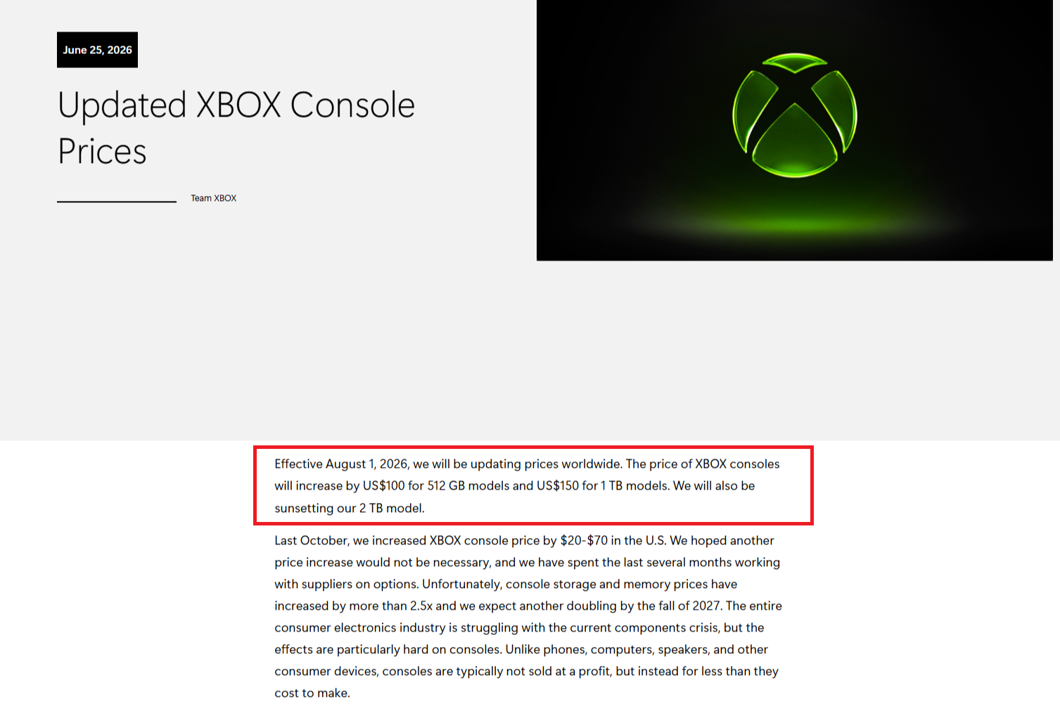 Screenshot of Xbox website highlighting console price hikes