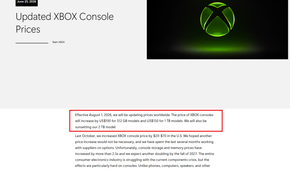 Screenshot of Xbox website highlighting console price hikes
