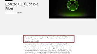 Screenshot of Xbox website highlighting console price hikes