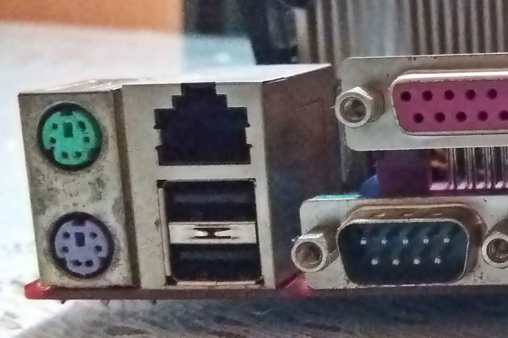 Rear panel of a motherboard showing PS/2 and other ports