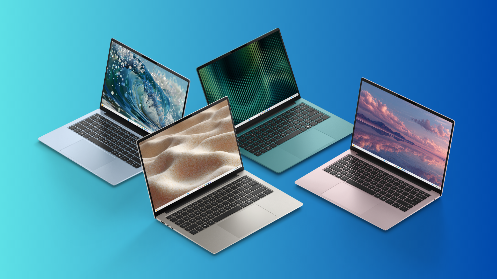 Four Dell 14S laptops fanned out in blue green silver and pink on a cyan-to-blue gradient