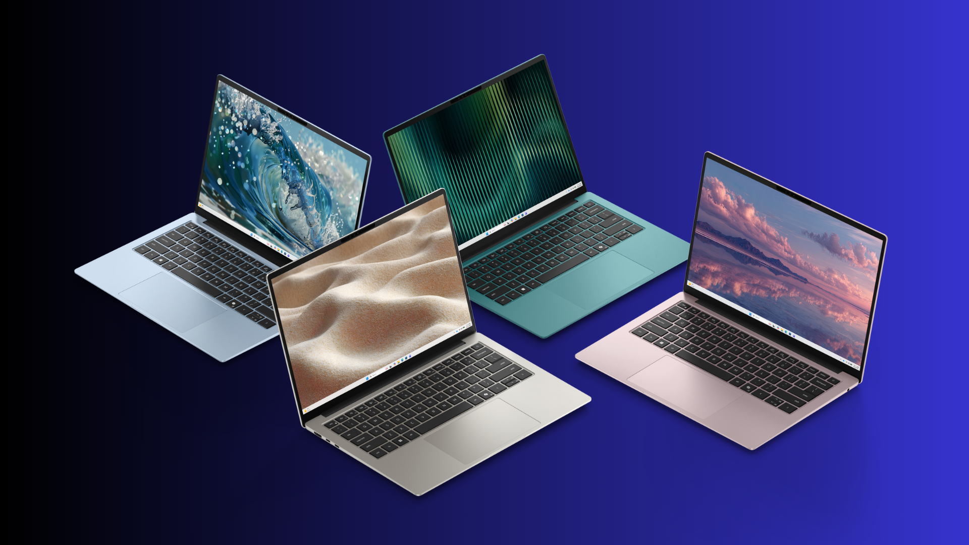 Four Dell 14S laptops fanned out in blue green silver and pink on a deep blue background