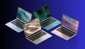 Four Dell 14S laptops fanned out in blue green silver and pink on a deep blue background