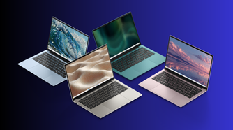 Four Dell 14S laptops fanned out in blue green silver and pink on a deep blue background