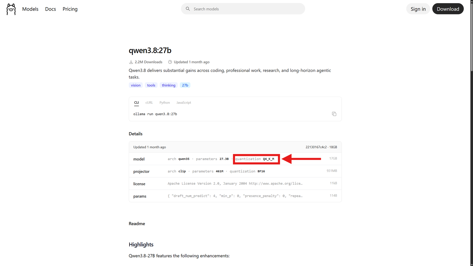 Сторінка Ollama для Qwen 3.8:27B.