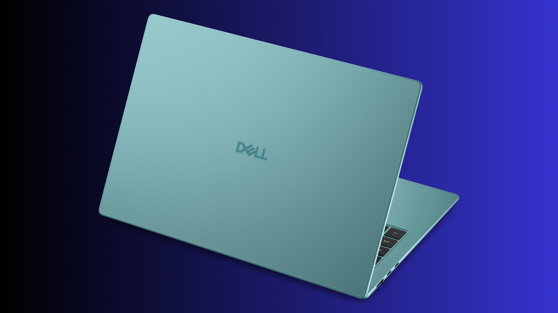 Rear view of a mint green Dell laptop lid open Dell logo centred on the cover