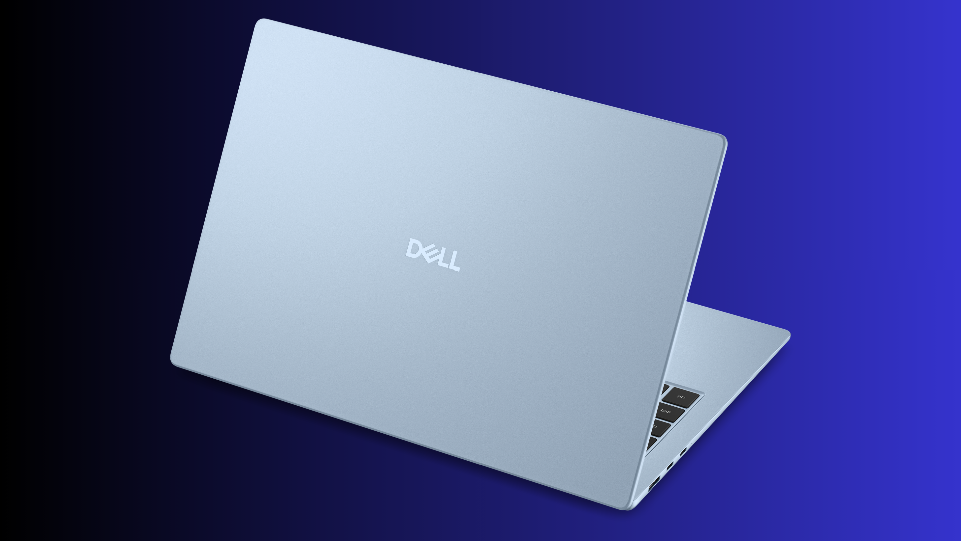 Rear view of a pale ice-blue Dell laptop lid open Dell logo centred on the cover